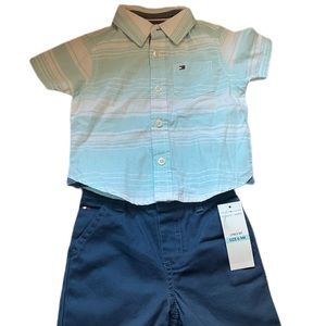 Tommy Hilfiger 2 piece outfit button up shorts sz 6-9 Mo